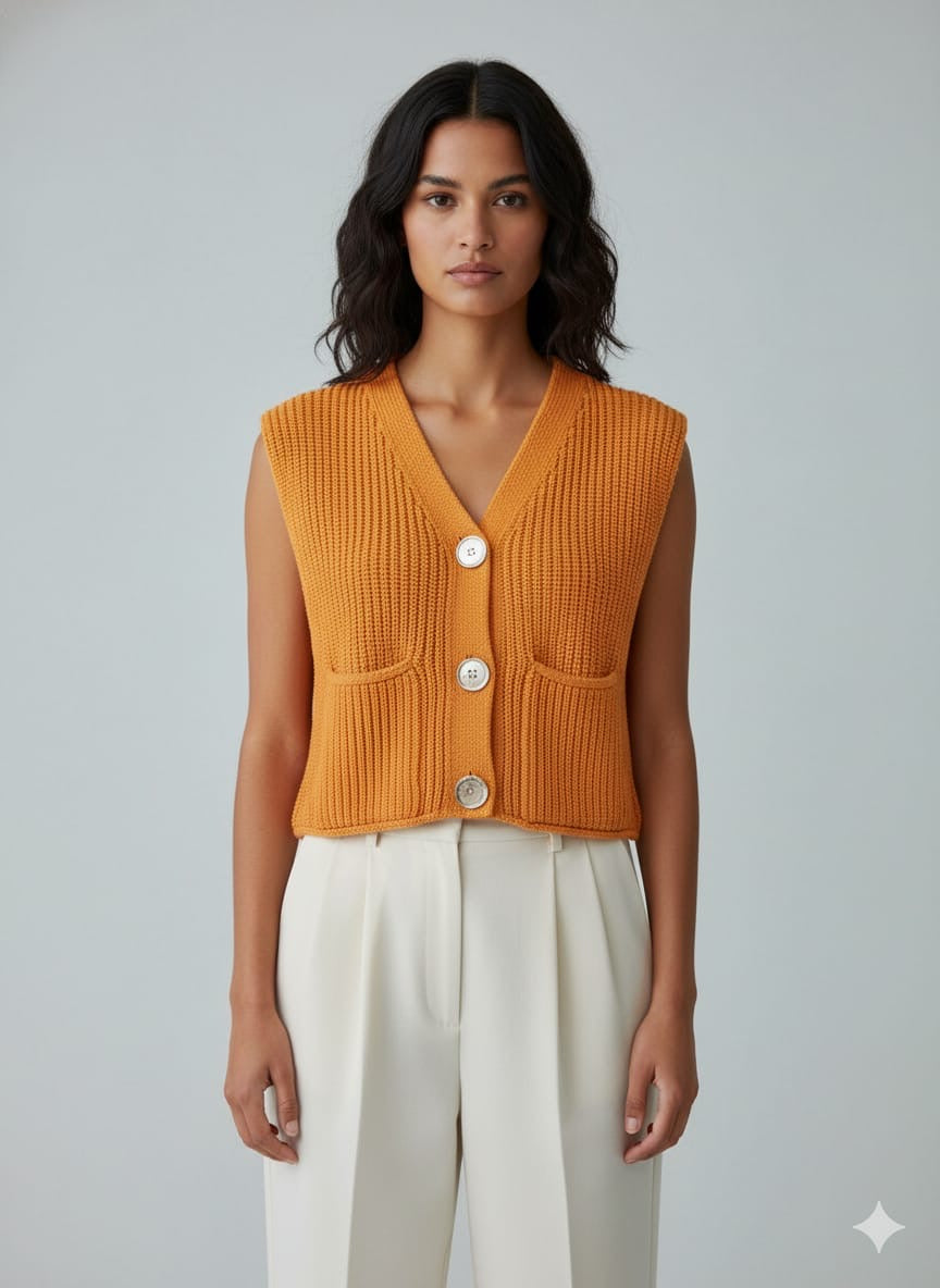 ADL Crop Women's Knit Vest Cardigan With Large Gold Button in mustard.