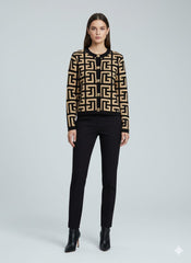 AD  Vintage Geometric Pattern Women Slim Cardigan in Brown