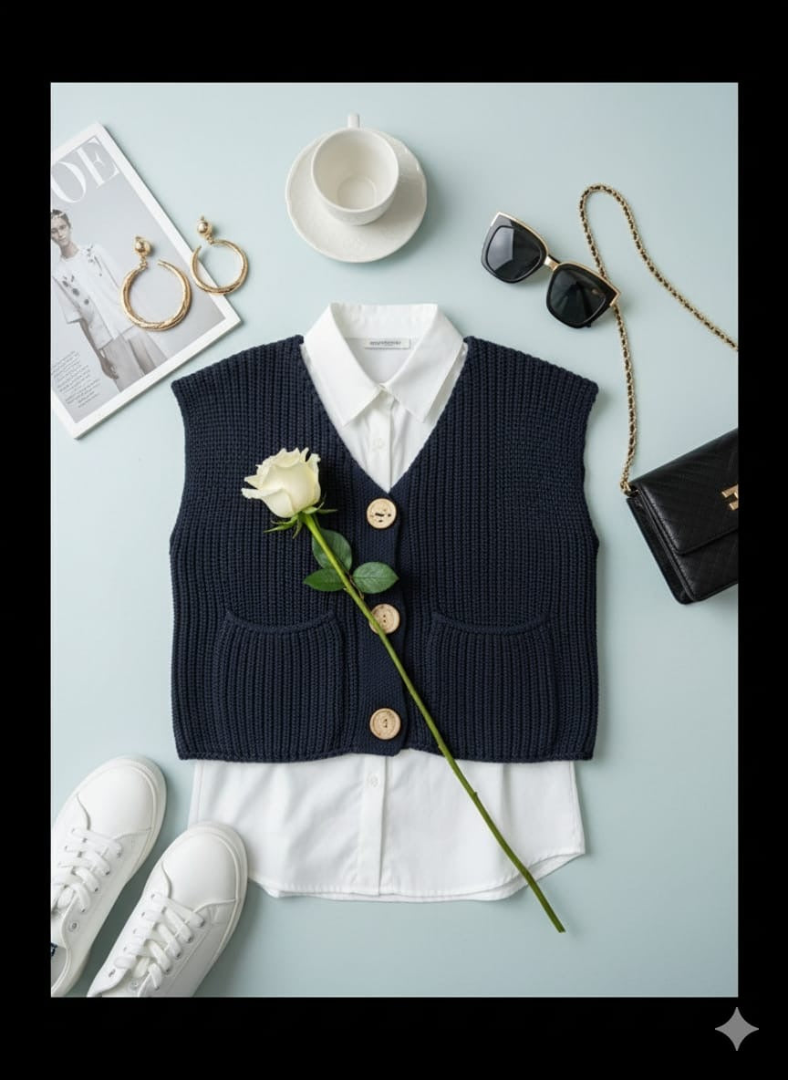 ADL Crop Women's Knit Vest Cardigan With Large Gold Button in Navy