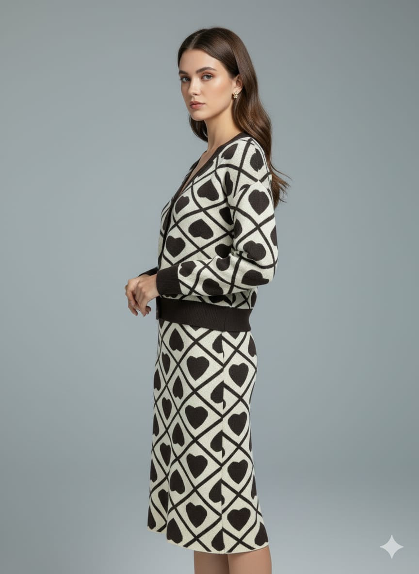 ADL Fashionable Knitted Heart Patterns  Long Sleeve 2 Pcs Set