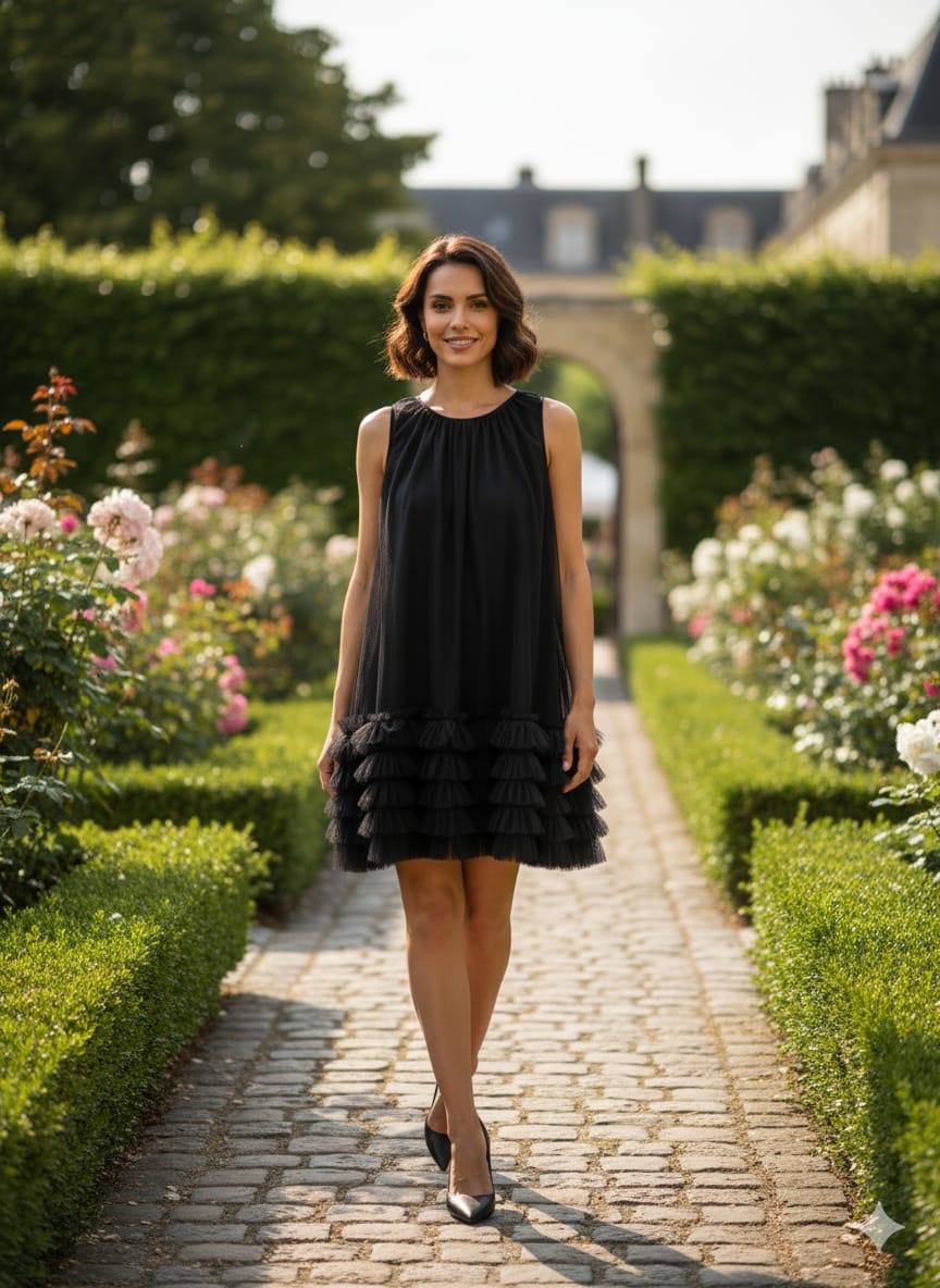 AD Knee Length Sleeveless Mesh Ruffles Hem Dress for Women in Black