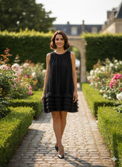 AD Knee Length Sleeveless Mesh Ruffles Hem Dress for Women in Black