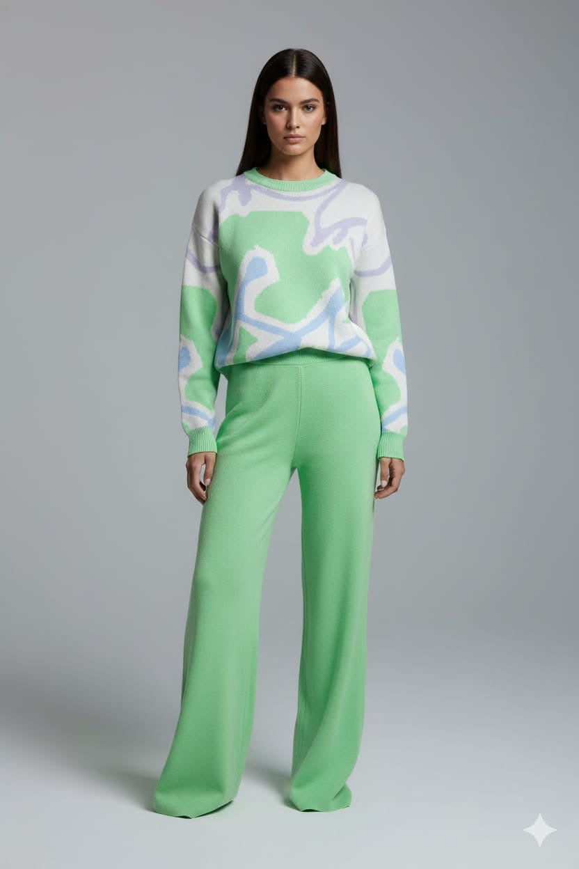 ADL Cosy Contrast Colour Printed Knitted 2 pieces Women Pant set in Teal