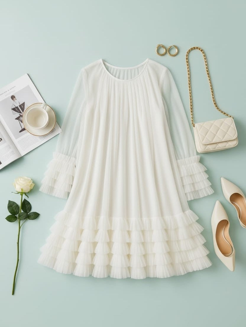 AD Knee Length Long Sleeve Mesh Ruffles Hem Dress for Women in White