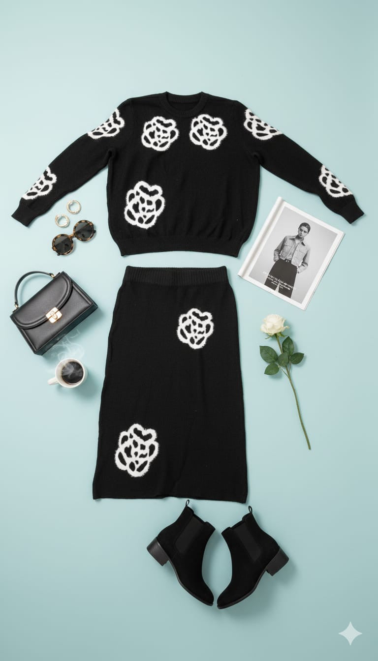 AD Embroidered Beaded Long Sleeve Knitted Sweater 2 Pcs Set