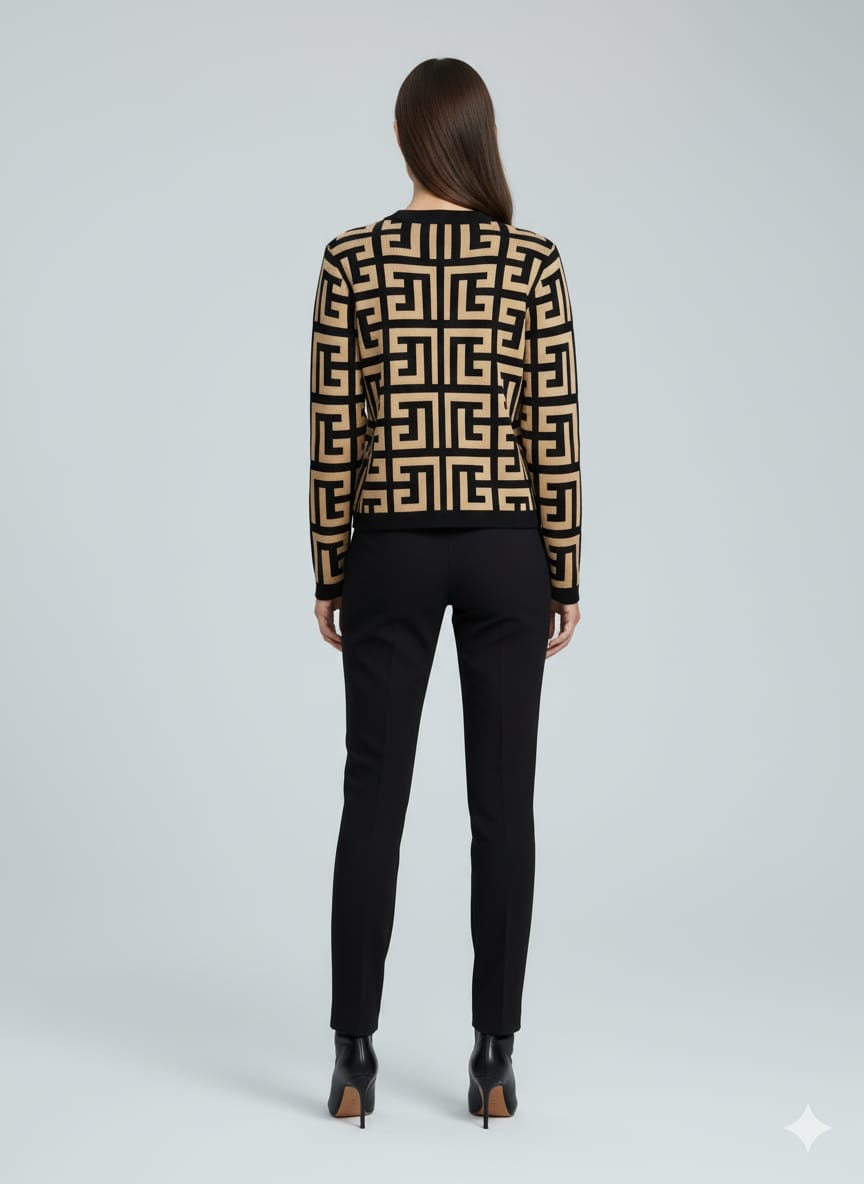 AD  Vintage Geometric Pattern Women Slim Cardigan in Brown