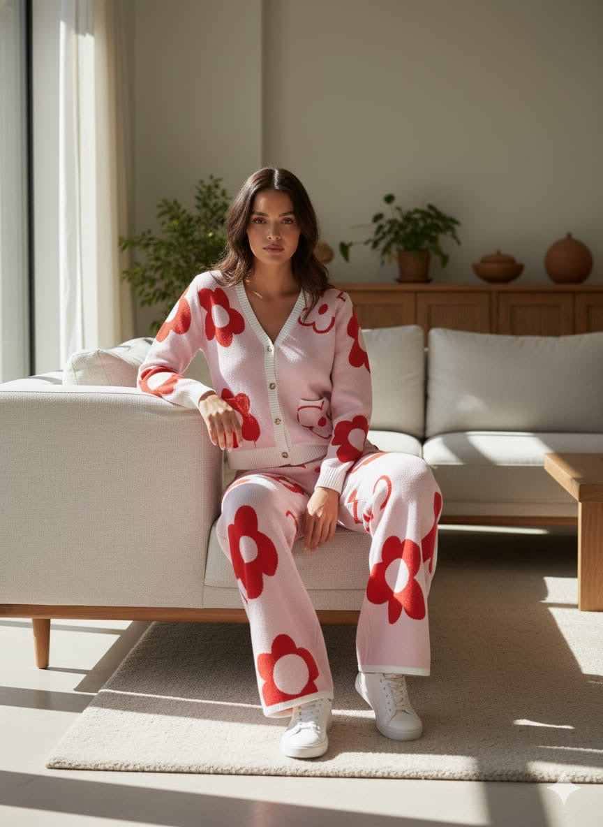 ADL High Quality Floral Pattern V-Neck Knitted 2 piece Set Women Wide-Leg in Red