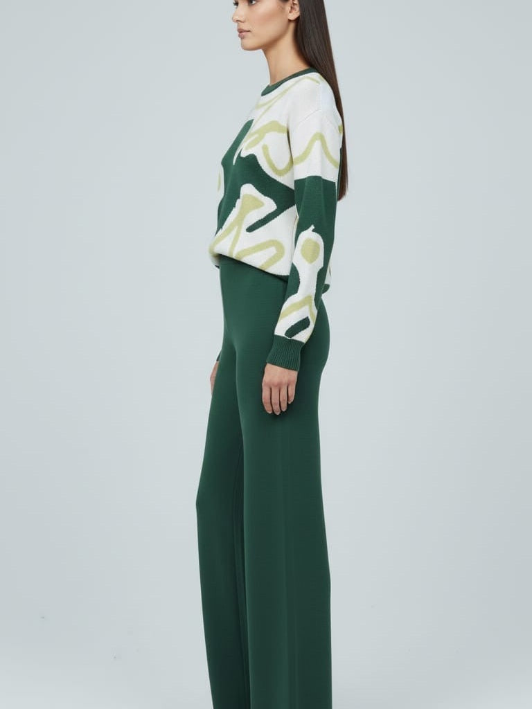 AD Cosy Contrast Colour Printed Knitted 2 pieces Women Pant set in army green