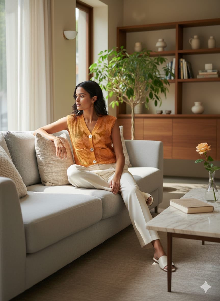 ADL Crop Women's Knit Vest Cardigan With Large Gold Button in mustard.