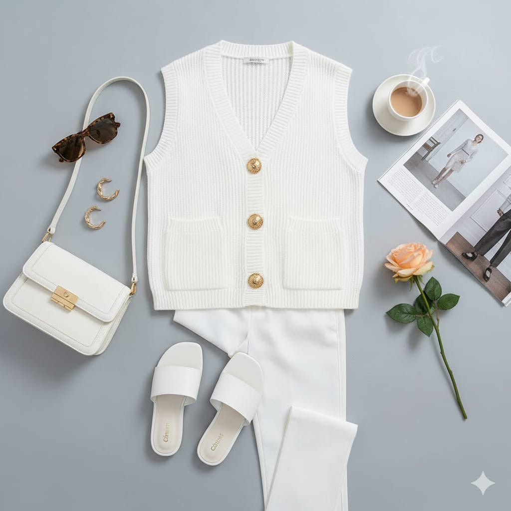 ADL Crop Women's Knit Vest Cardigan With Large Gold Button in Pure White