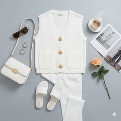 ADL Crop Women's Knit Vest Cardigan With Large Gold Button in Pure White