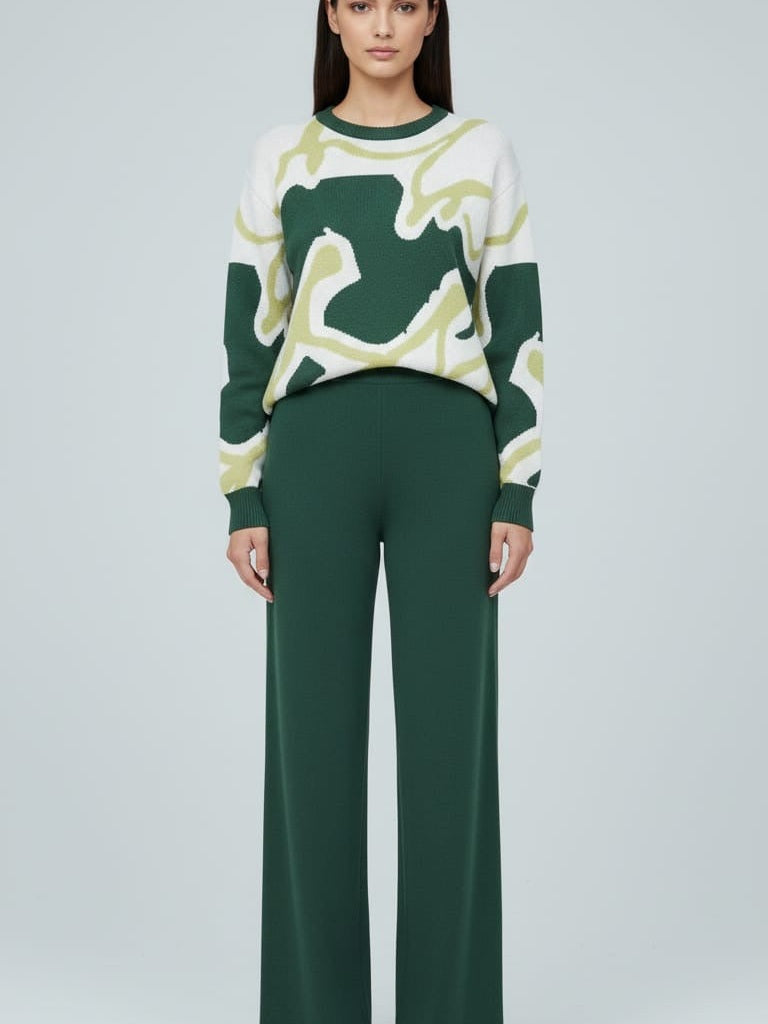 AD Cosy Contrast Colour Printed Knitted 2 pieces Women Pant set in army green