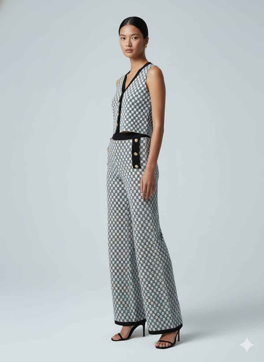 ADL High-End Knitted Top & Wide Leg Pant 2 Pcs Set in Black.