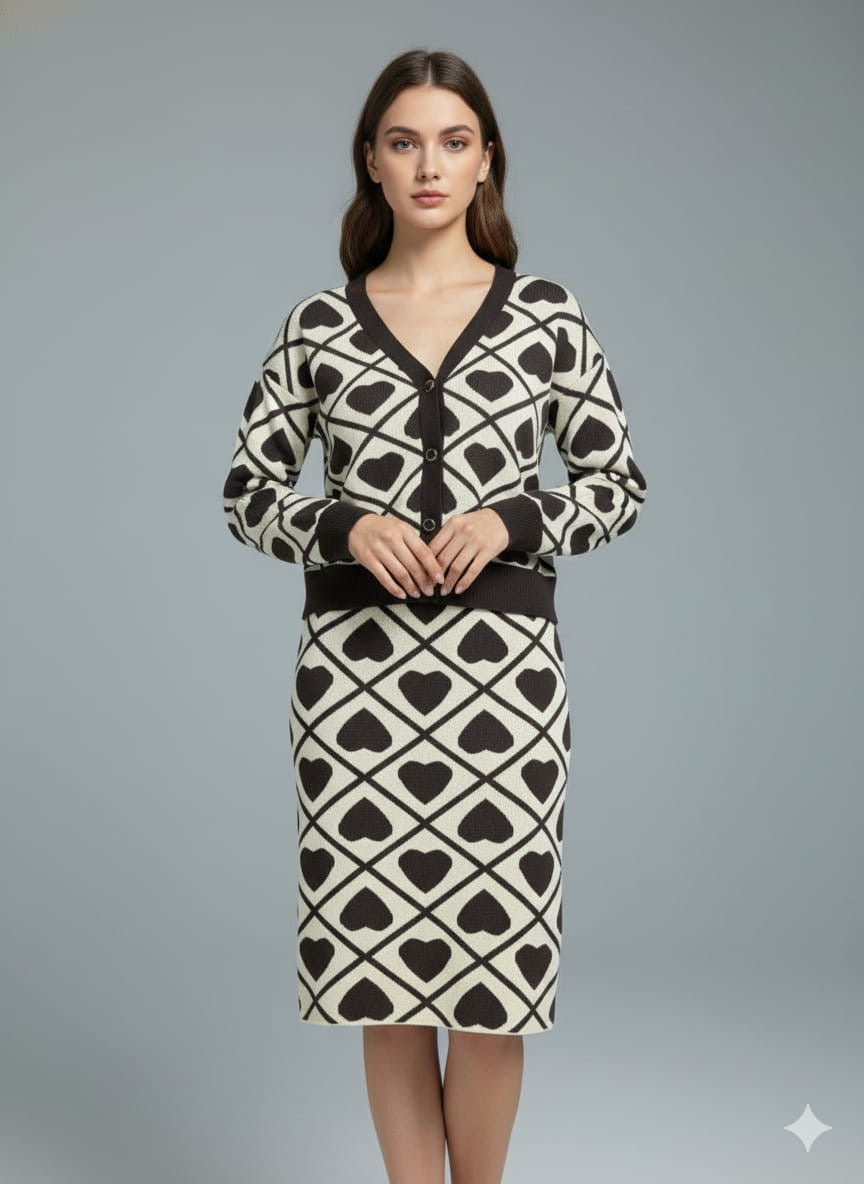 ADL Fashionable Knitted Heart Patterns  Long Sleeve 2 Pcs Set