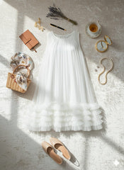 AD Knee Length Sleeveless Mesh Ruffles Hem Dress for Women in White