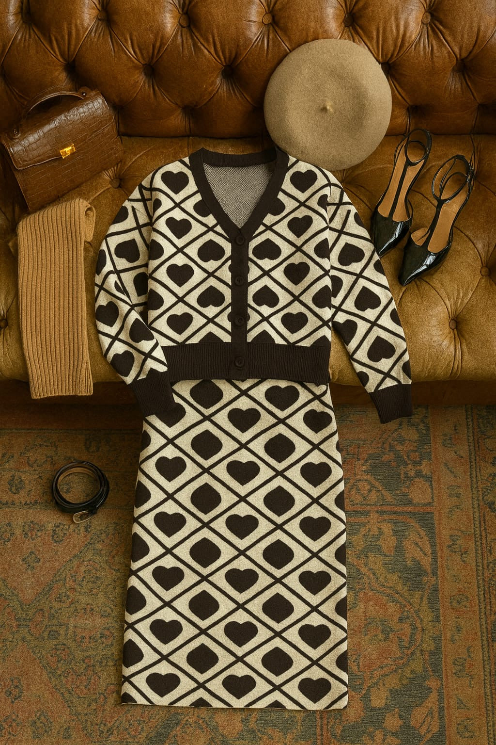 ADL Fashionable Knitted Heart Patterns  Long Sleeve 2 Pcs Set