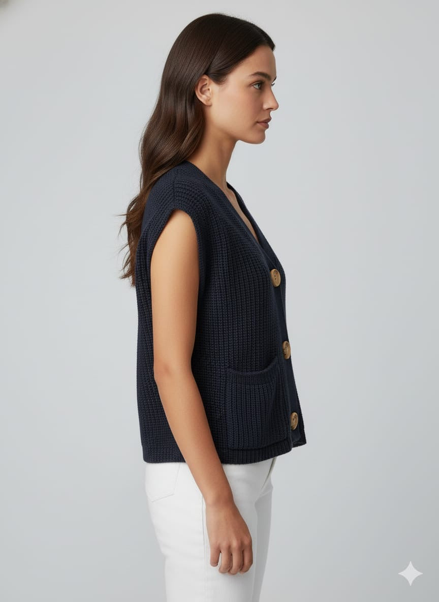 ADL Crop Women's Knit Vest Cardigan With Large Gold Button in Navy