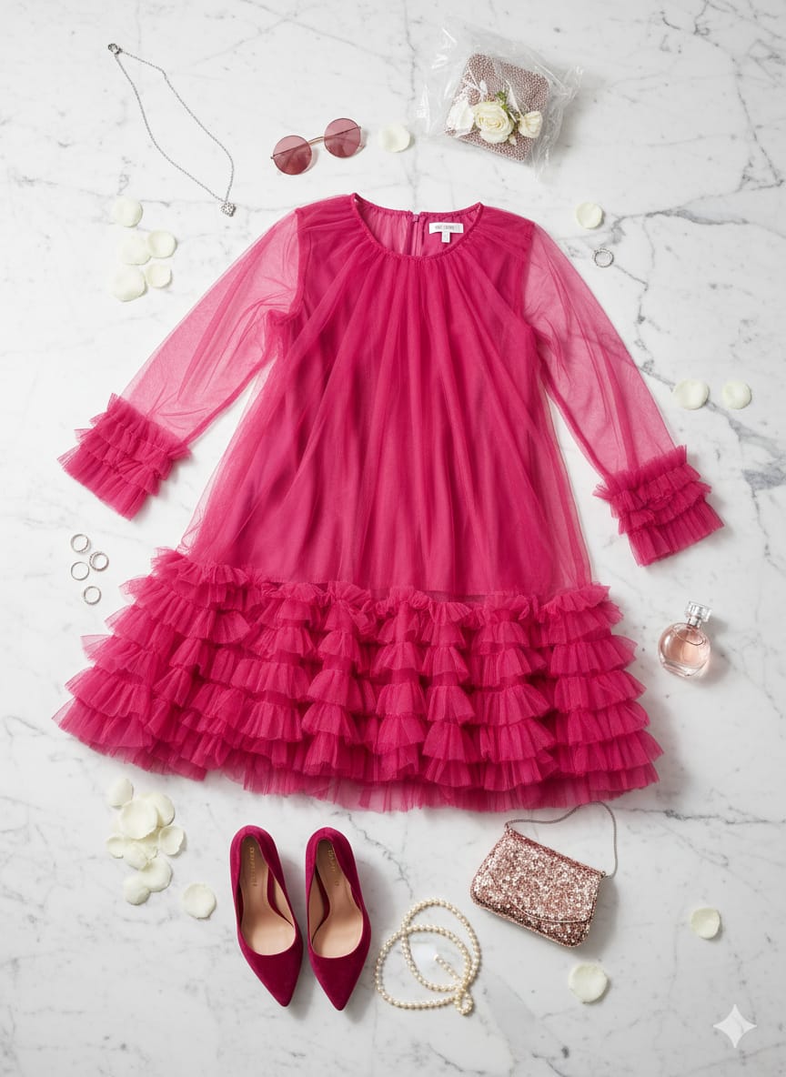 AD Knee Length Long Sleeve Mesh Ruffles Hem Dress for Women in Pink