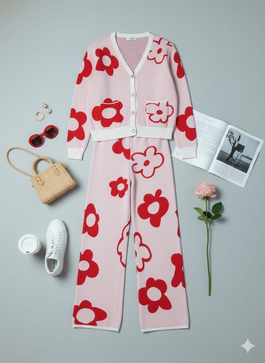 ADL High Quality Floral Pattern V-Neck Knitted 2 piece Set Women Wide-Leg in Red