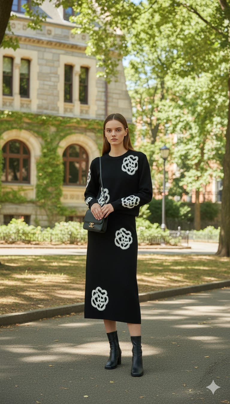 AD Embroidered Beaded Long Sleeve Knitted Sweater 2 Pcs Set