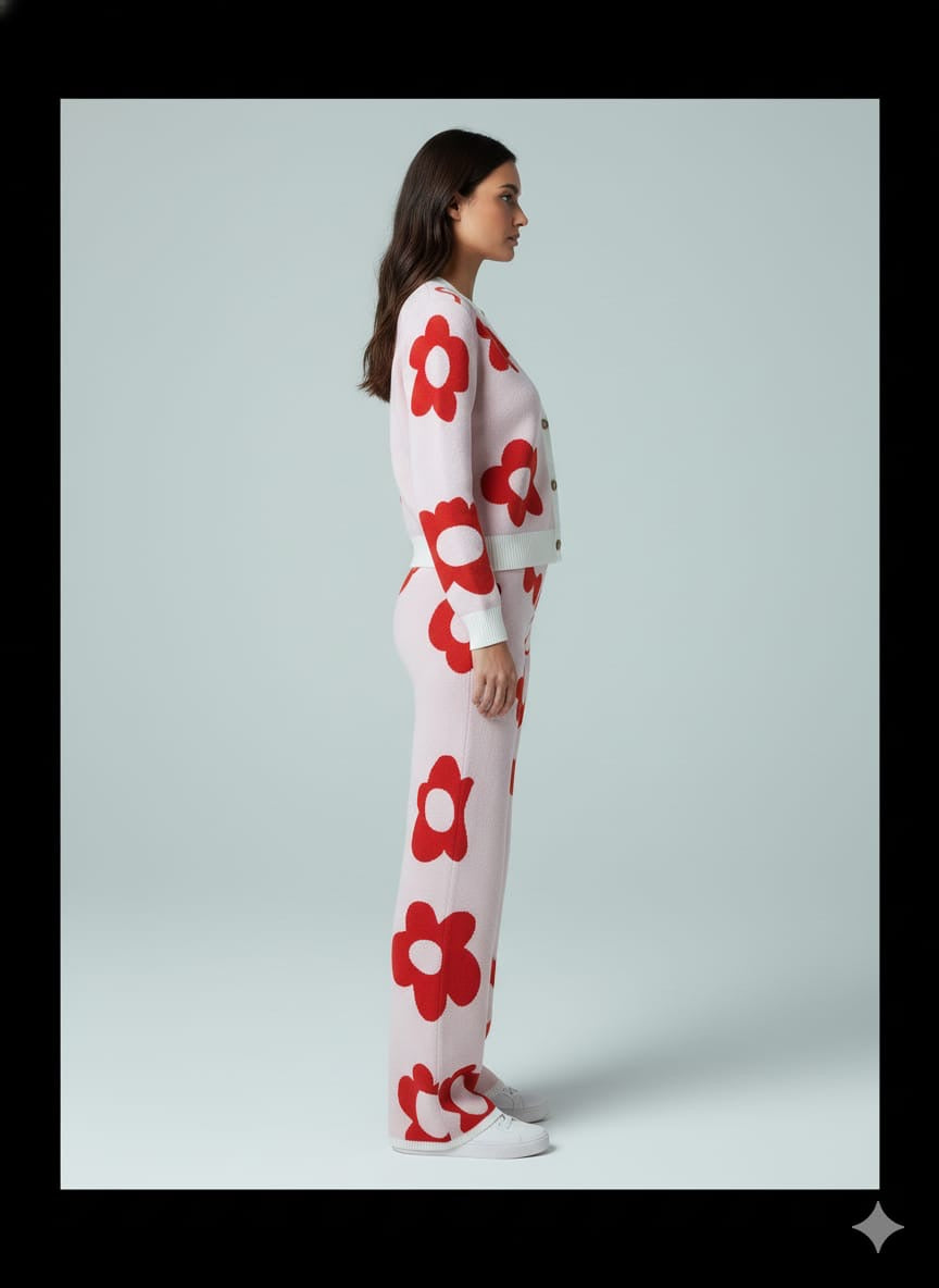 ADL High Quality Floral Pattern V-Neck Knitted 2 piece Set Women Wide-Leg in Red