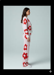 ADL High Quality Floral Pattern V-Neck Knitted 2 piece Set Women Wide-Leg in Red