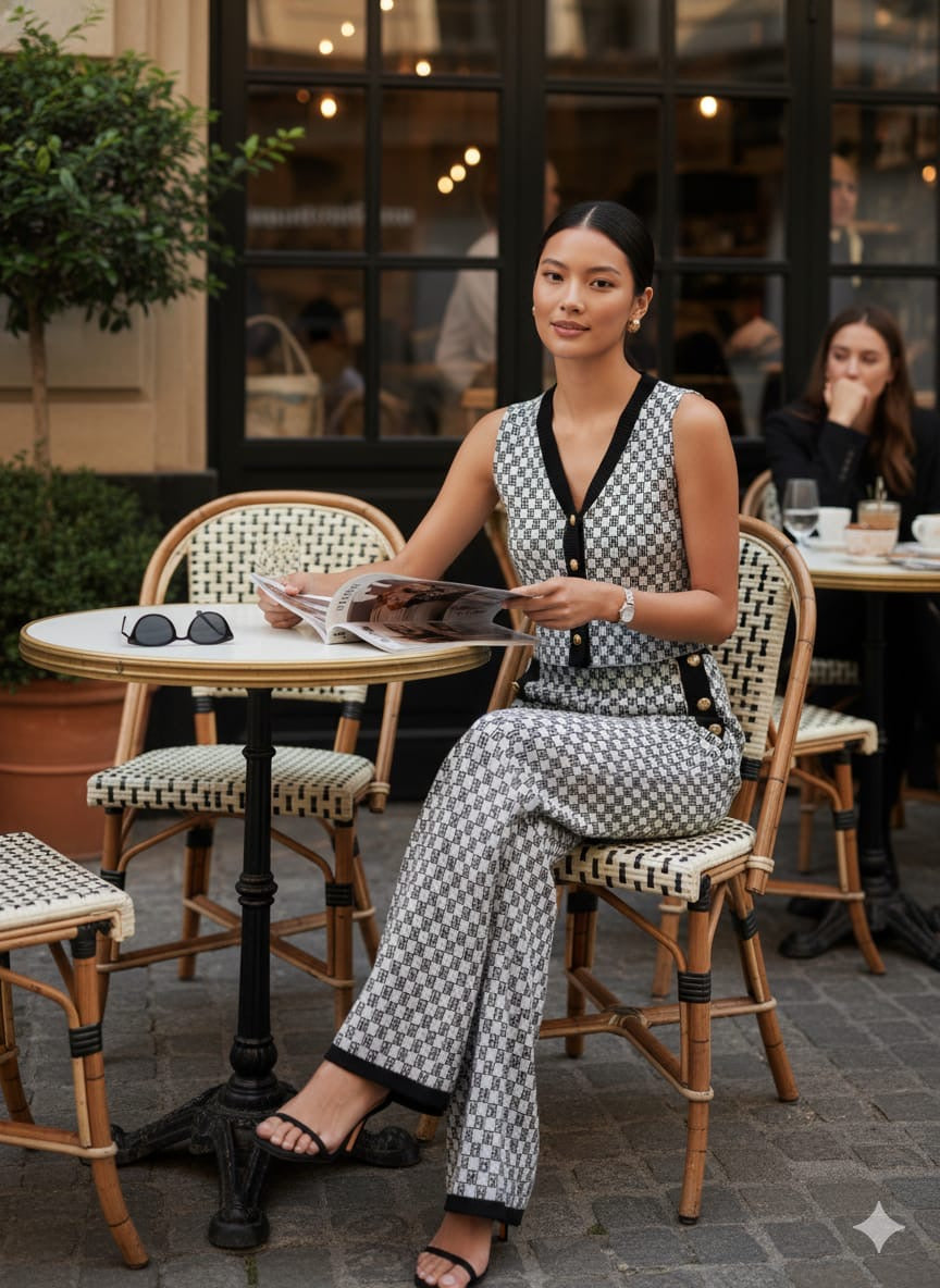 ADL High-End Knitted Top & Wide Leg Pant 2 Pcs Set in Black.