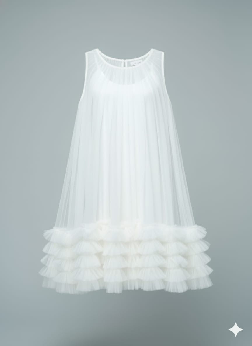 AD Knee Length Sleeveless Mesh Ruffles Hem Dress for Women in White