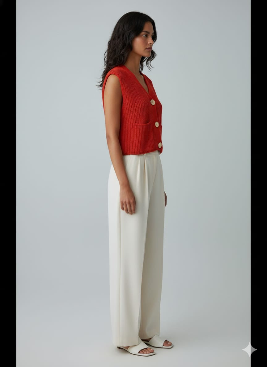 ADL Crop Women's Knit Vest Cardigan With Large Gold Button in burnt orange.