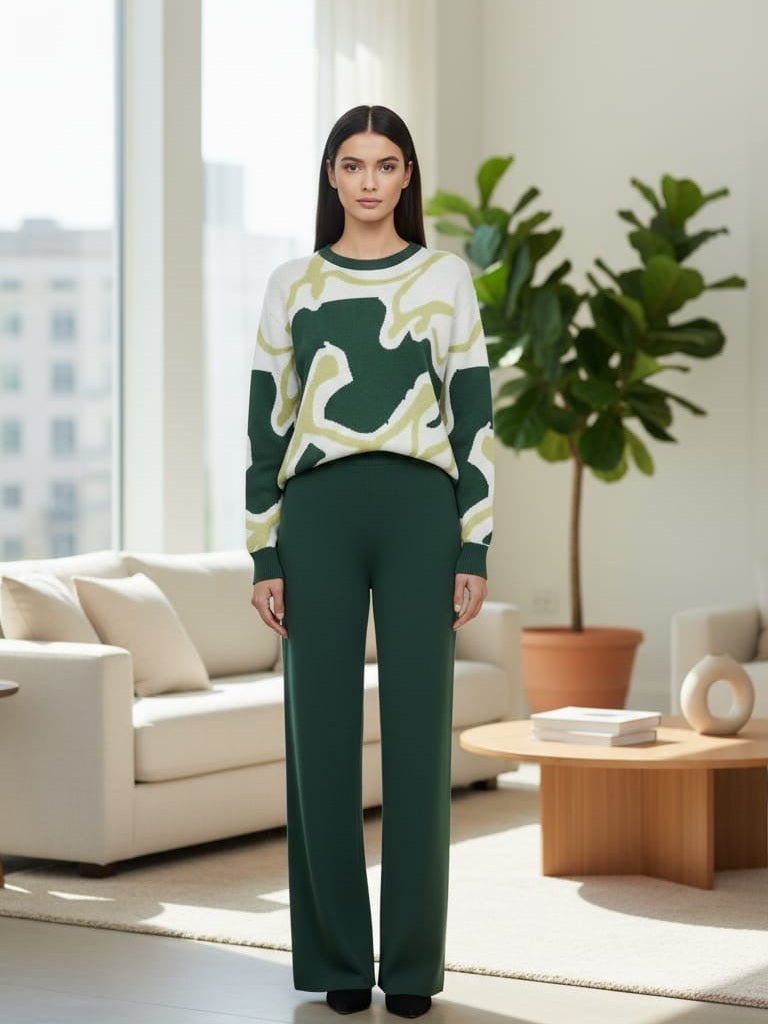 AD Cosy Contrast Colour Printed Knitted 2 pieces Women Pant set in army green