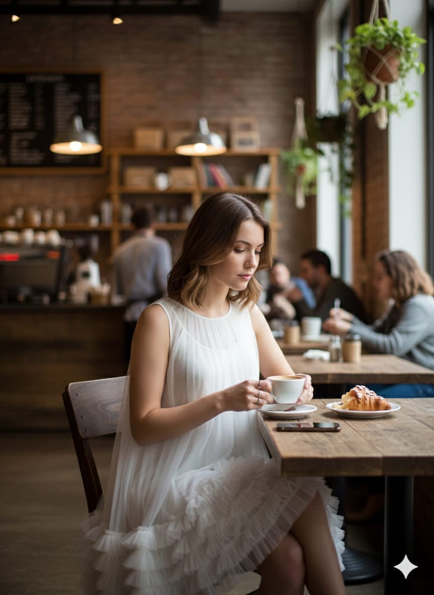 AD Knee Length Sleeveless Mesh Ruffles Hem Dress for Women in White