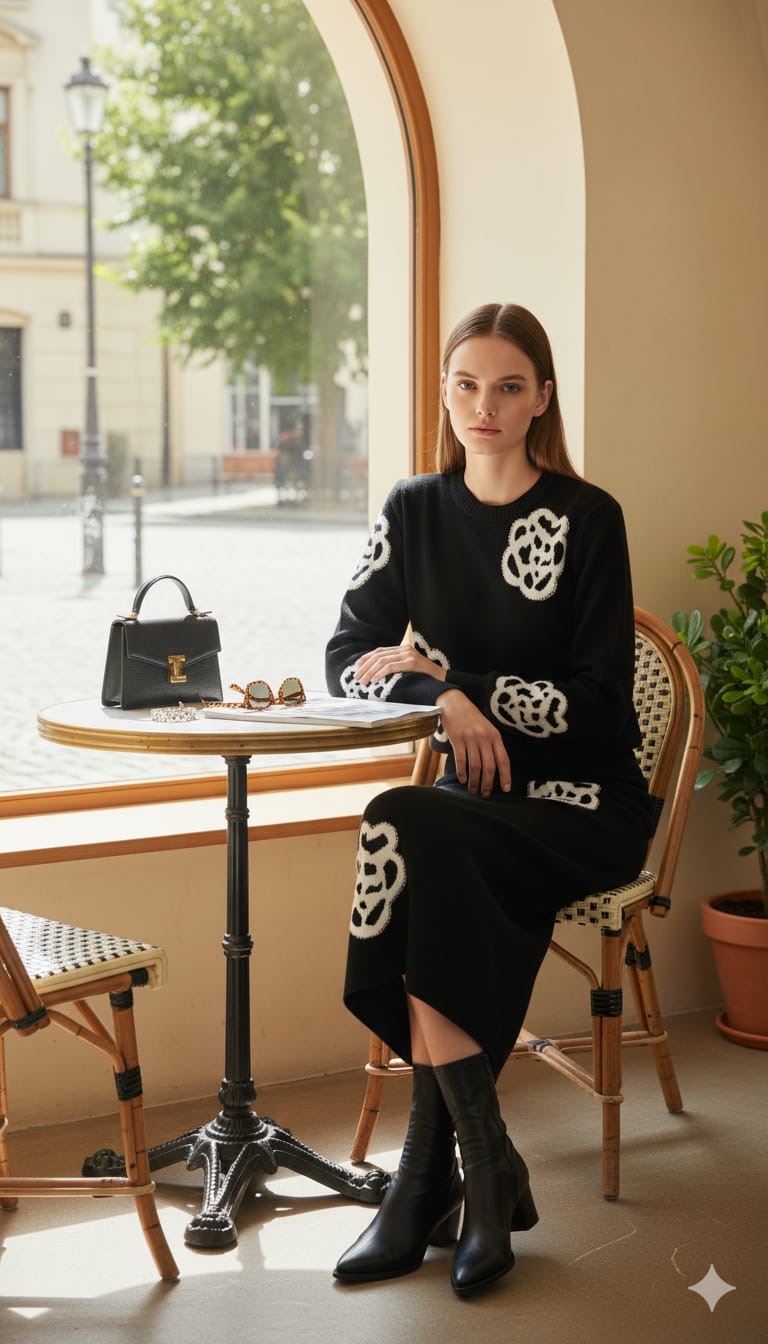 AD Embroidered Beaded Long Sleeve Knitted Sweater 2 Pcs Set