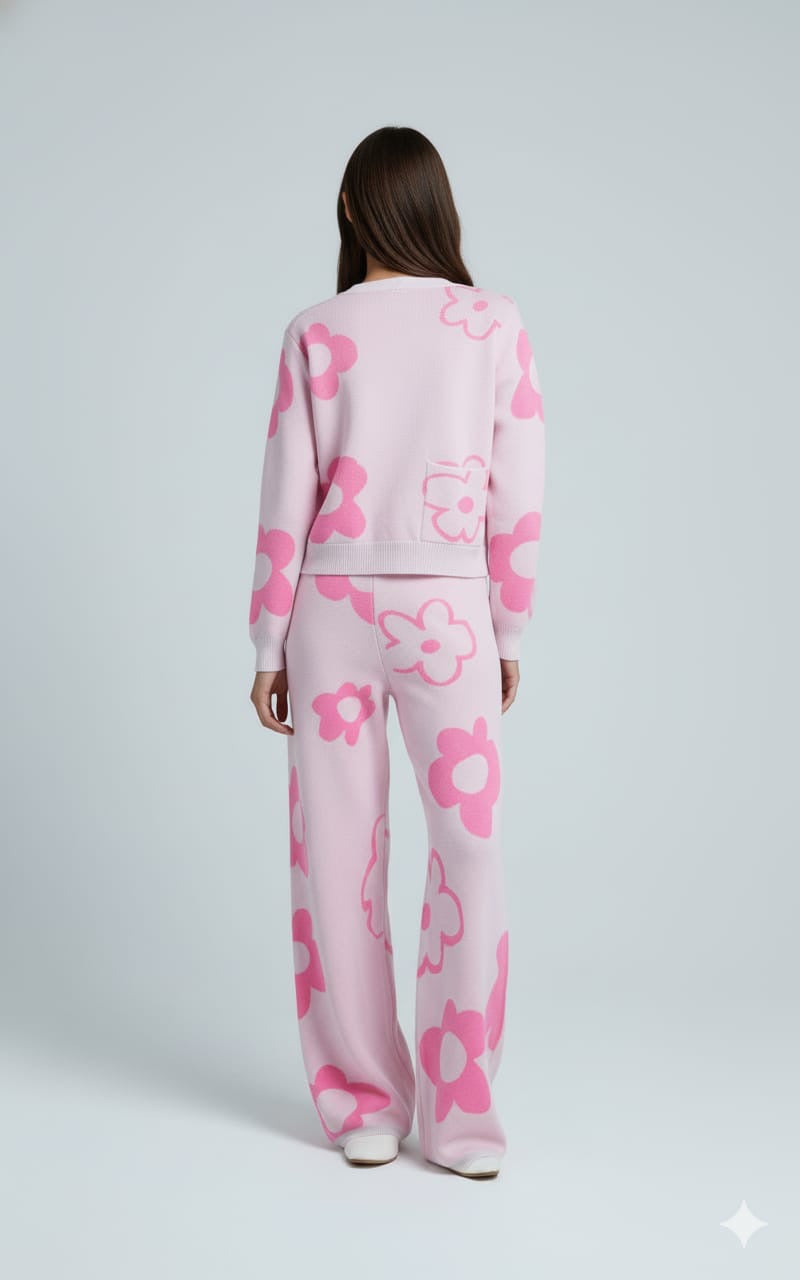 ADL High Quality Floral Pattern V-Neck Knitted 2 piece Set Women Wide-Leg in Pink