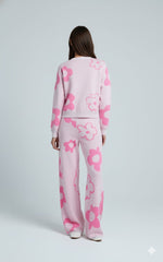 ADL High Quality Floral Pattern V-Neck Knitted 2 piece Set Women Wide-Leg in Pink