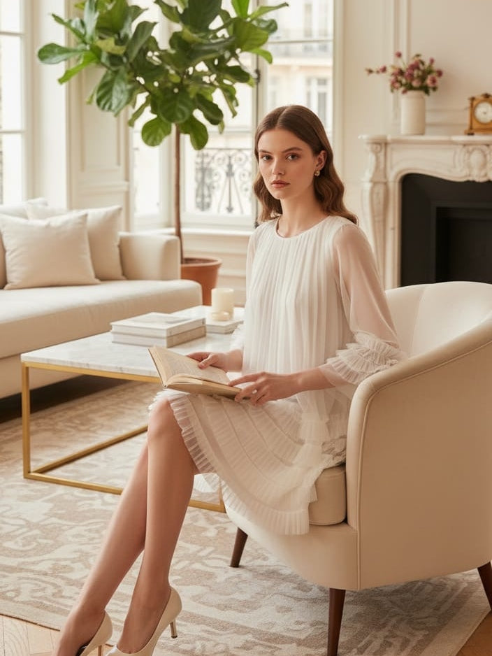 AD Knee Length Long Sleeve Mesh Ruffles Hem Dress for Women in White