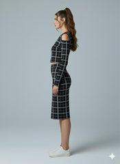 AD Checker Print Cold Shoulder Crop Top & Midi Skirt 2 Pcs Set