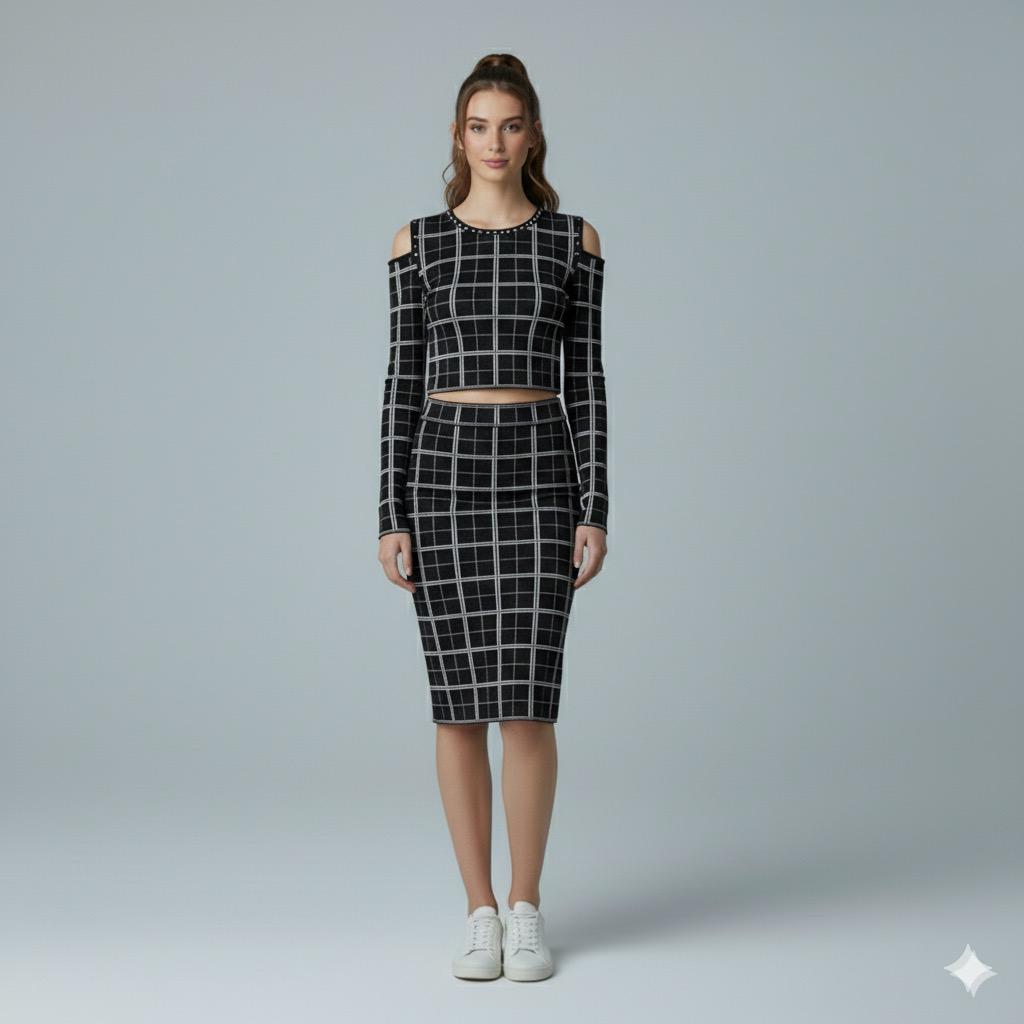 AD Checker Print Cold Shoulder Crop Top & Midi Skirt 2 Pcs Set