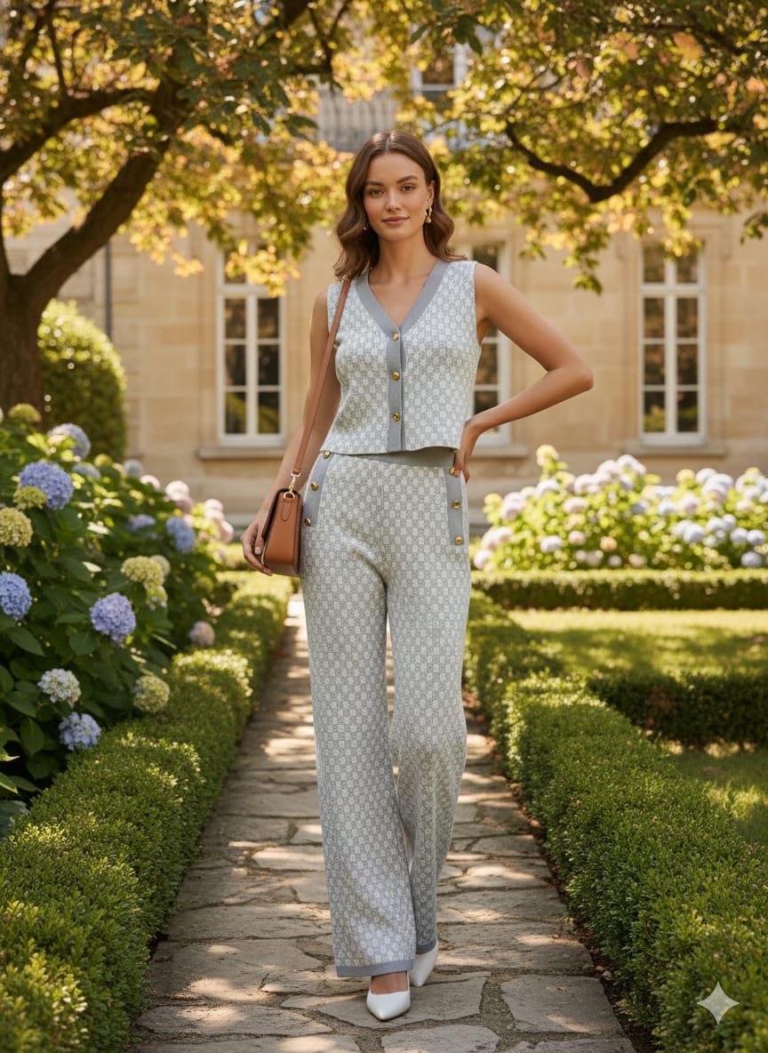 ADL High-End Knitted Top & Wide Leg Pant 2 Pcs Set in Gray.