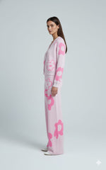 ADL High Quality Floral Pattern V-Neck Knitted 2 piece Set Women Wide-Leg in Pink