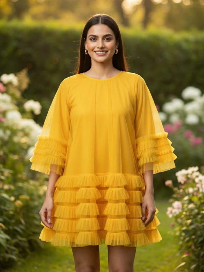 AD Knee Length Long Sleeve Mesh Ruffles Hem Dress for Women in Yellow