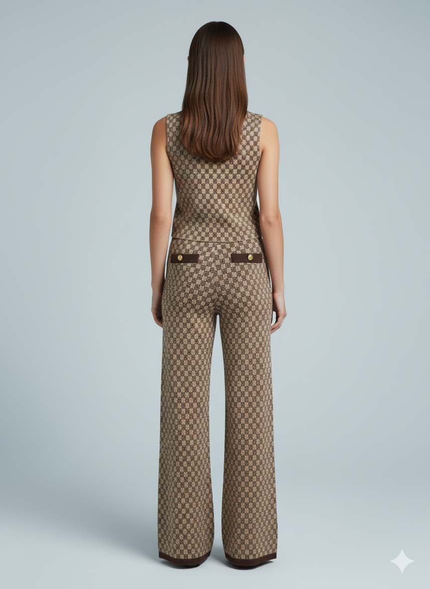 ADL High-End Knitted Top & Wide Leg Pant 2 Pcs Set in Brown.