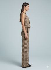 ADL High-End Knitted Top & Wide Leg Pant 2 Pcs Set in Brown.
