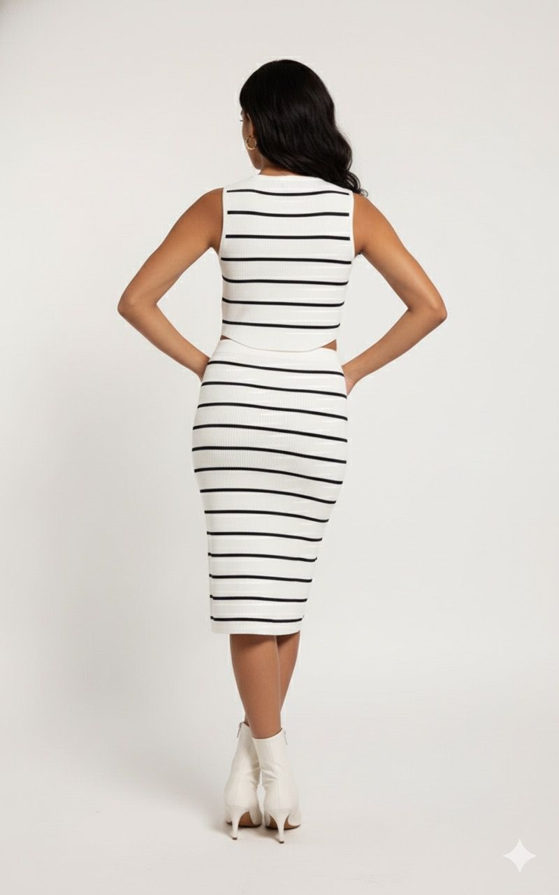 AD Petite Ribbed Stripe 2 Pcs Set in white