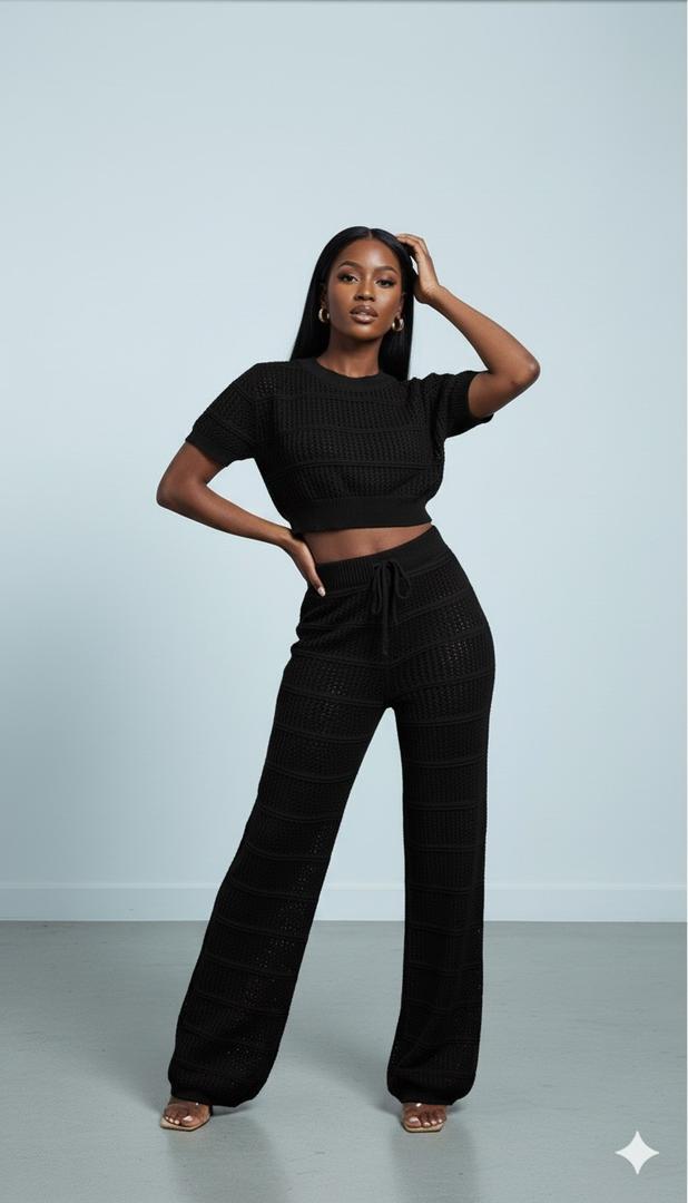 AD Luxury Netty Crop and Tallie Pant 2 Pcs Set in Black