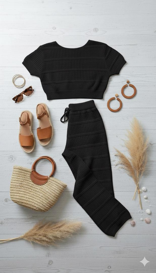 AD Luxury Netty Crop and Tallie Pant 2 Pcs Set in Black