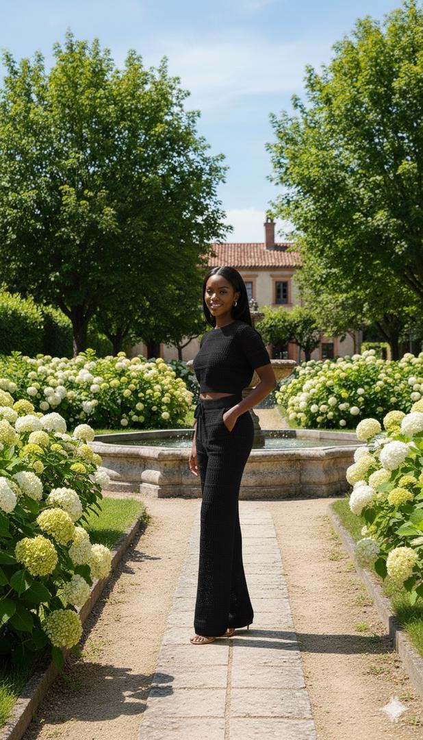 AD Luxury Netty Crop and Tallie Pant 2 Pcs Set in Black