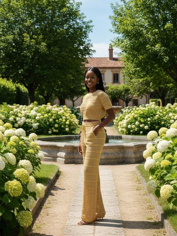 AD Luxury Netty Crop and Tallie Pant 2 Pcs Set in Nude