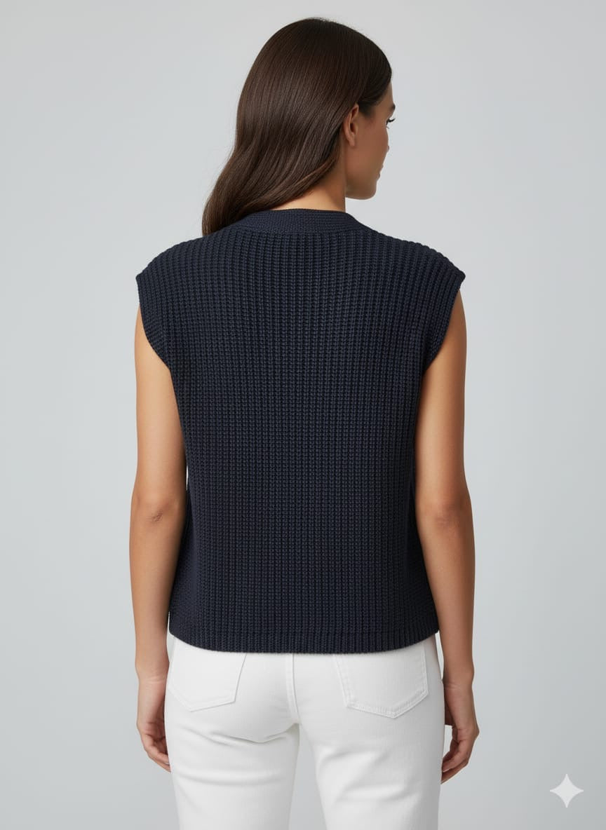 ADL Crop Women's Knit Vest Cardigan With Large Gold Button in Navy