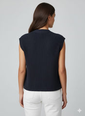 ADL Crop Women's Knit Vest Cardigan With Large Gold Button in Navy