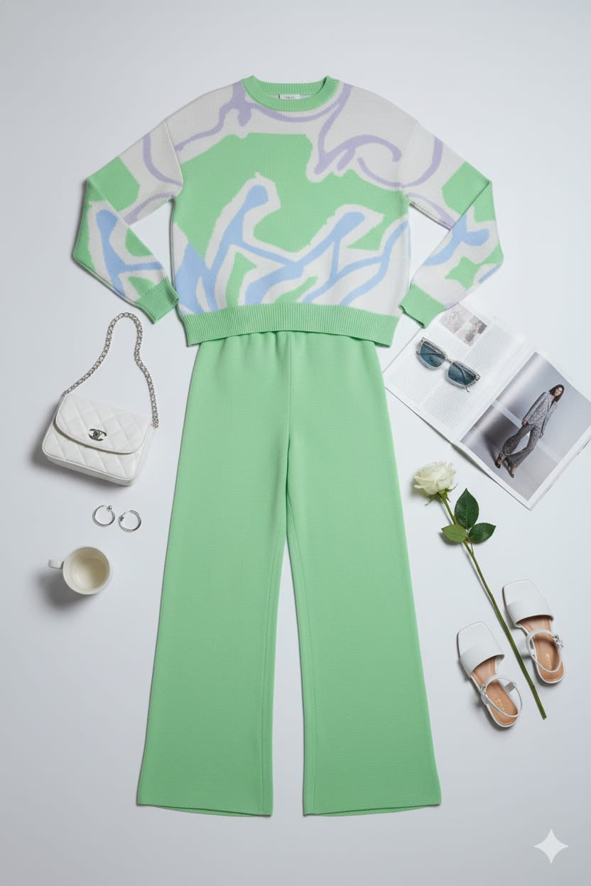 ADL Cosy Contrast Colour Printed Knitted 2 pieces Women Pant set in Teal